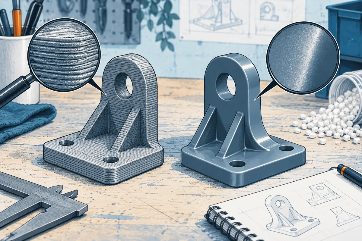 Two matching plastic brackets on a materials workbench, one visibly layered from 3D printing and the other smooth injection molded, with magnifying lens showing their different structures.