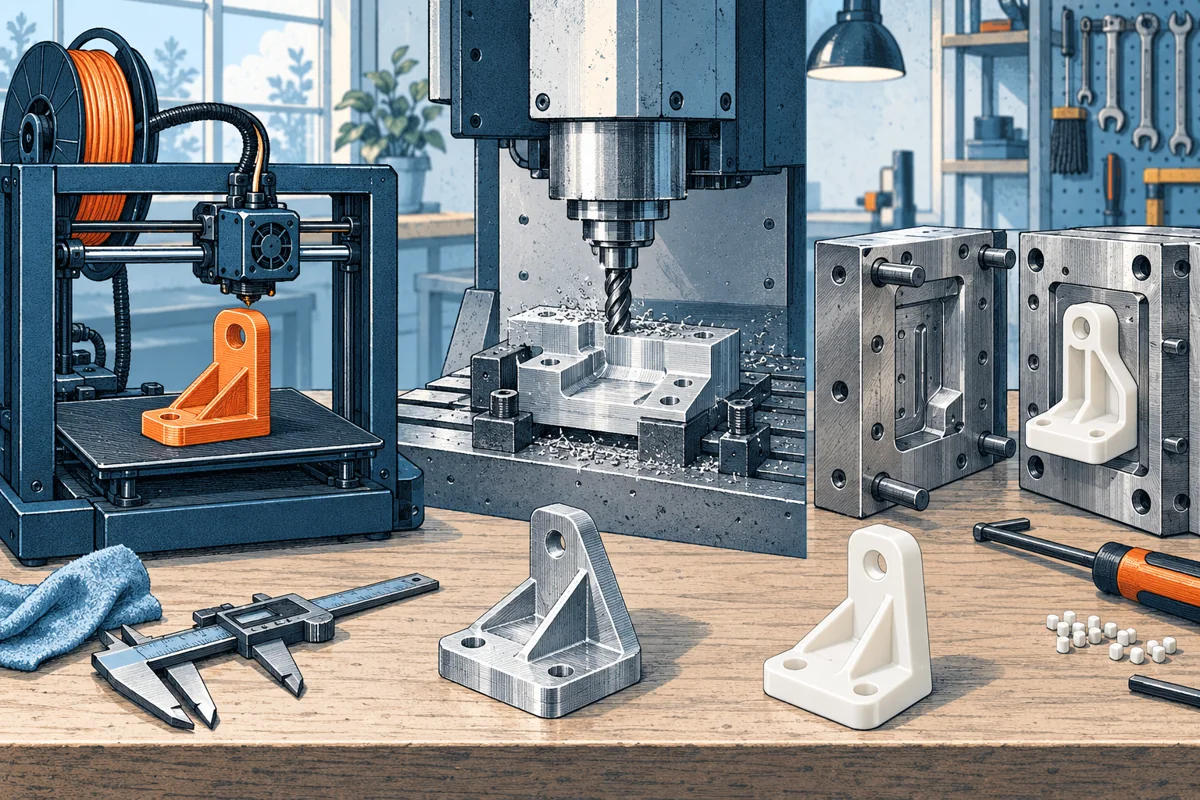 Three distinct manufacturing stations in a miniature workshop: a filament printer making a bracket, a CNC spindle cutting an aluminum block, and an opened injection mold holding a plastic part.
