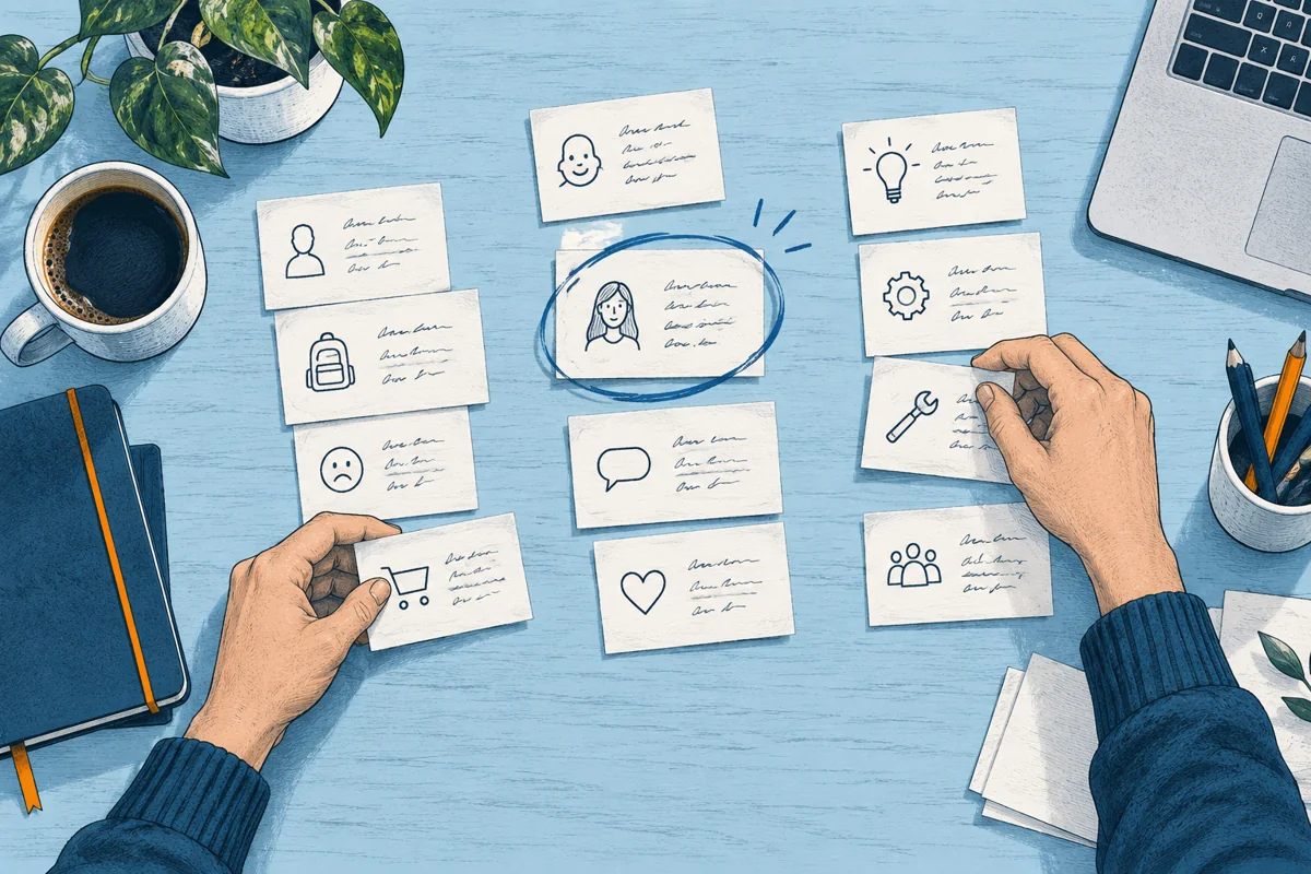 Overhead research table with handwritten-looking but unreadable note cards being sorted by two hands into clusters, one customer observation isolated with a blue pencil circle.