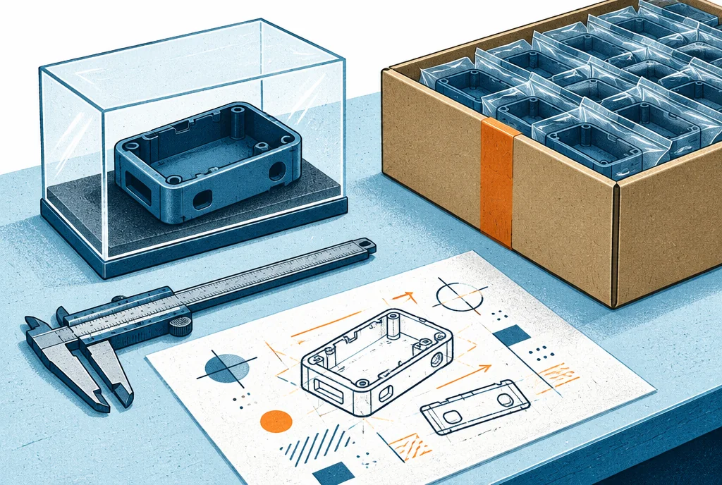 A protected reference enclosure, measuring tools and a separate carton awaiting inspection.