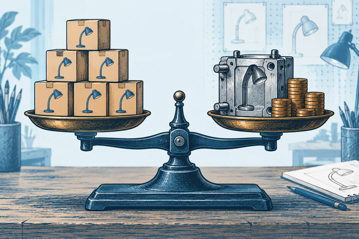 A balance scale with a stack of product boxes on one pan and tooling plus coins on the other, illustrating the point where product sales cover the initial investment.