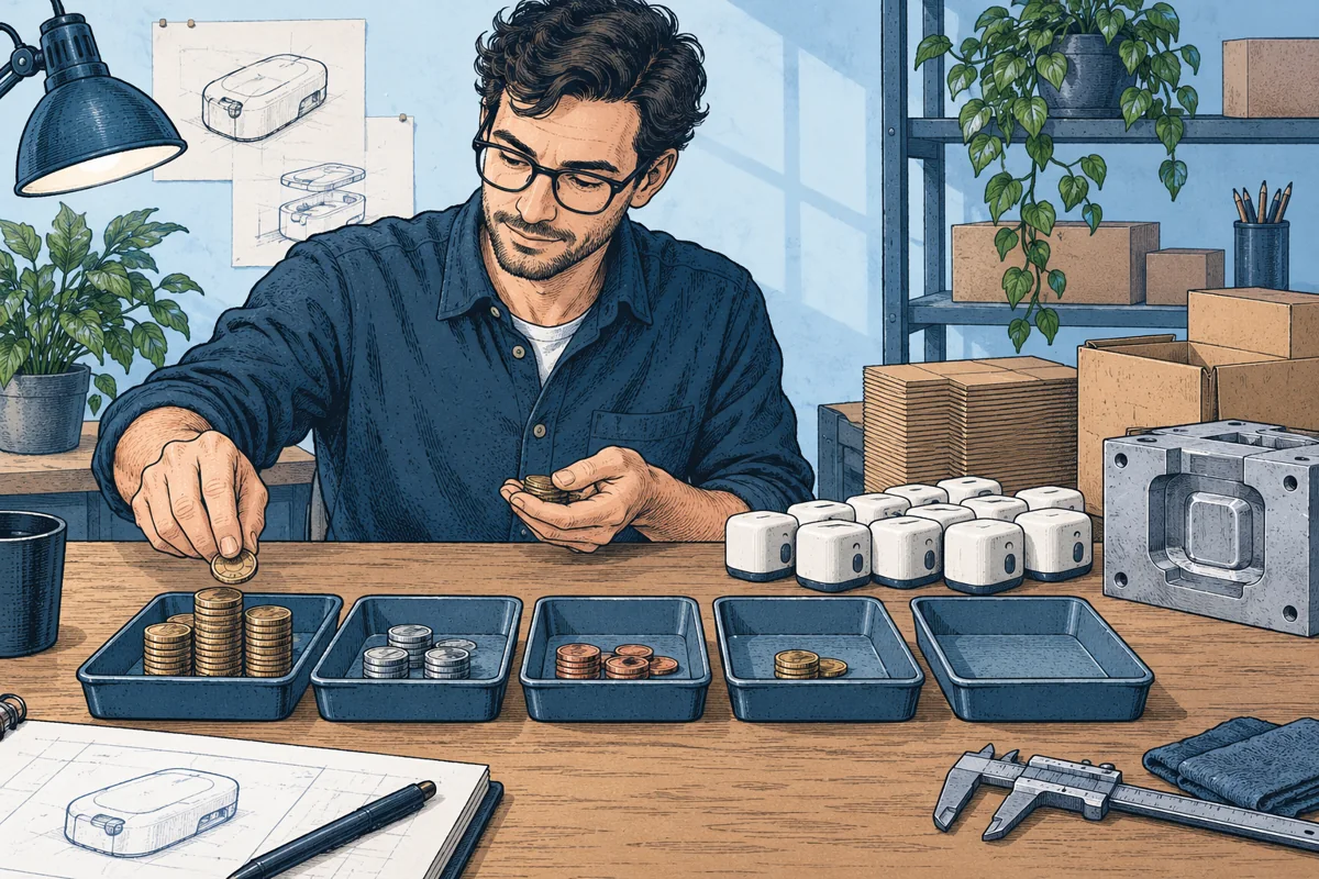 An inventor allocates coins into separate shallow trays beside a small production batch, spare packaging and a mold; a reserve tray deliberately remains available.