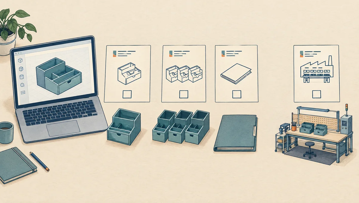 A CAD organizer model beside separate permission cards for a single item, a production batch, design files and an outside workshop.