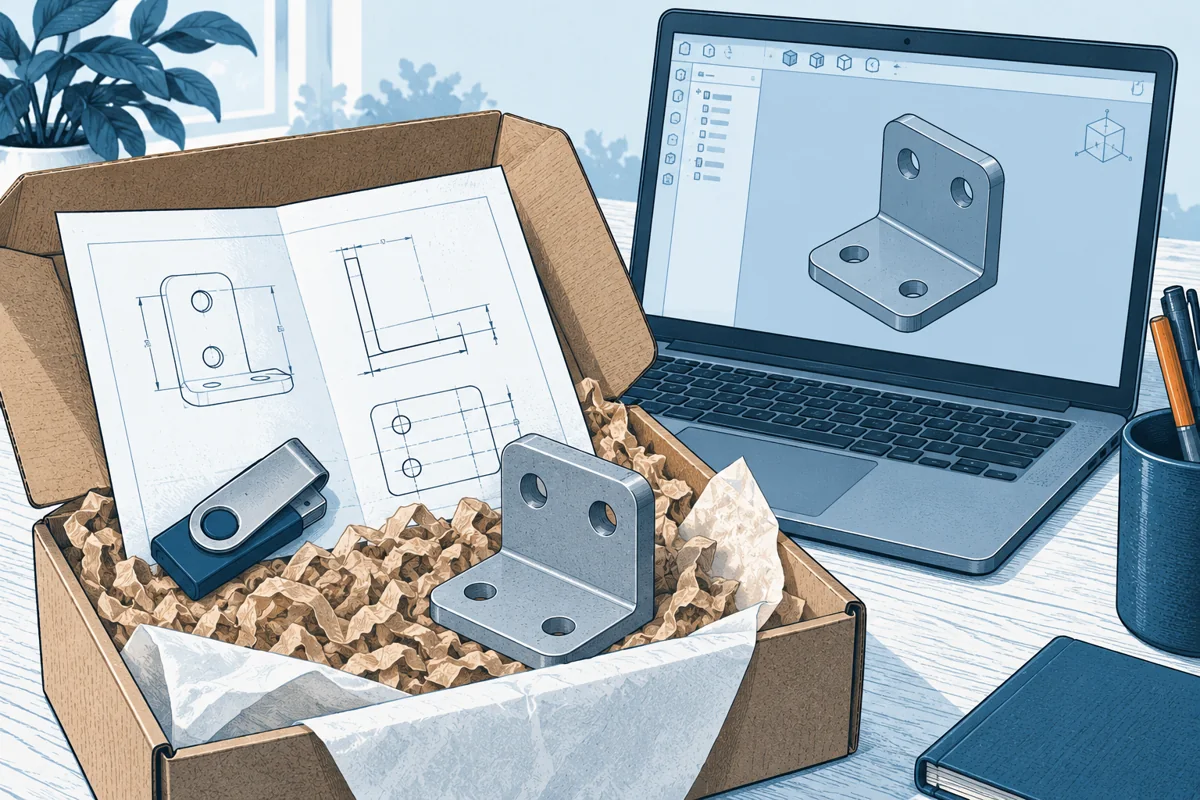 A neatly organized delivery package with a folded dimensioned engineering drawing without readable text, USB drive, sample bracket and laptop showing a neutral 3D solid model.