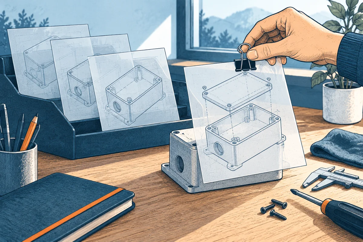 Three successive translucent engineering drawing sheets of a small enclosure arranged from left to right, a hand clips the current sheet to the physical sample while older sheets are filed aside.