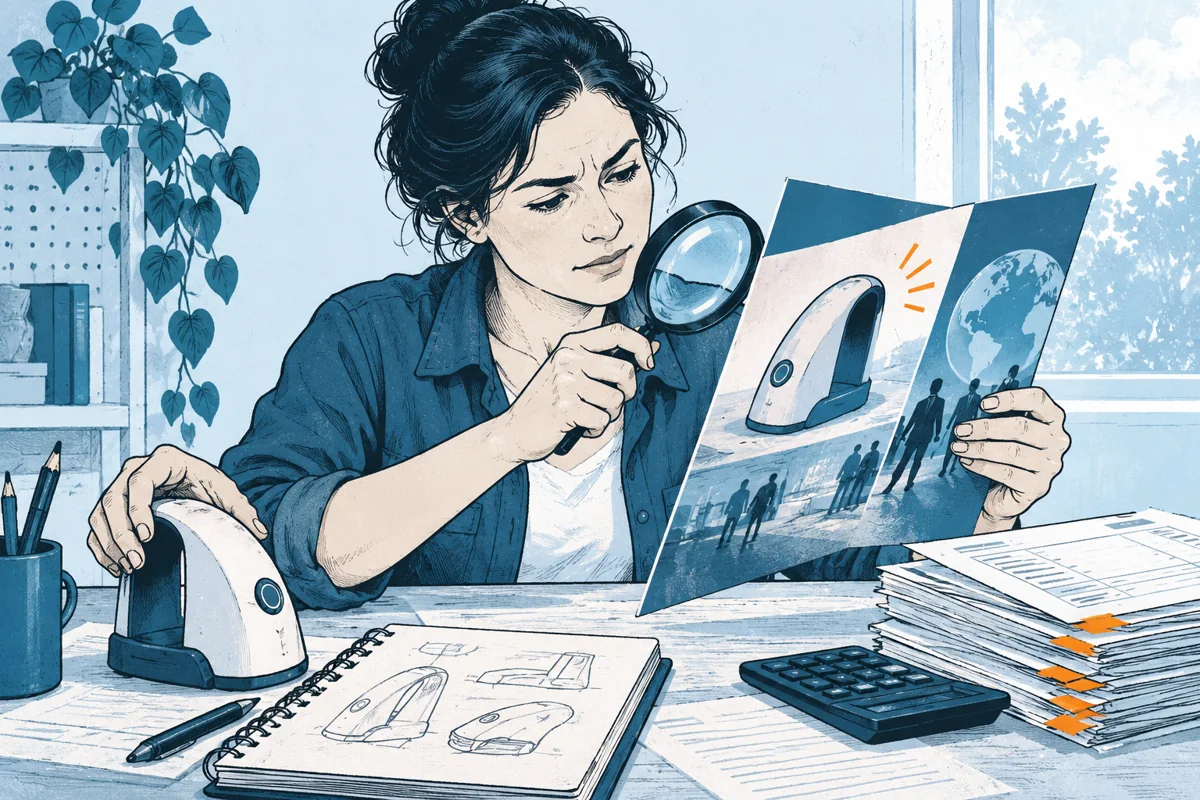 A cautious inventor uses a magnifying glass to inspect a glossy proposal while a second hand compares a modest prototype and a stack of invoices; no sinister characters or badges.