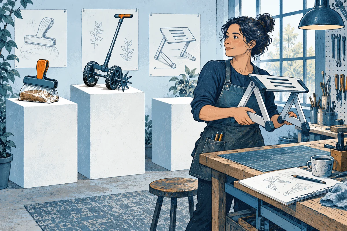 Three very different small inventions on separate workshop plinths: a kitchen clip, a wheeled garden tool and a folding stand; a maker brings one selected concept into the work area.