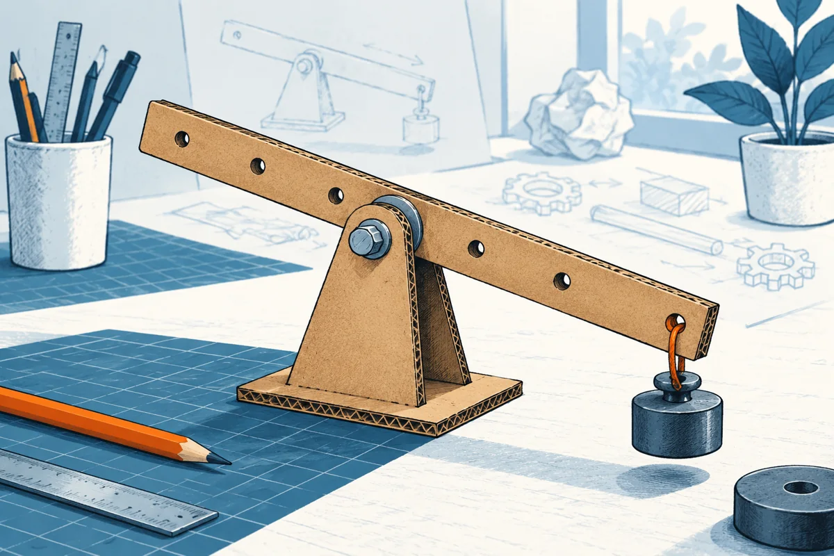 Close-up of a simple cardboard lever prototype with one adjustable pivot and a single weight, all unnecessary decorative parts left as faint sketches in the background.