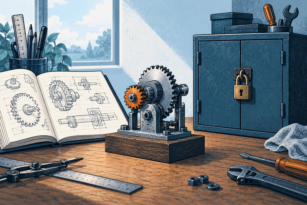 A mechanical idea is represented by a small gear assembly between an open public drawing folio and a closed locked workshop cabinet, showing two protection choices without a winner.