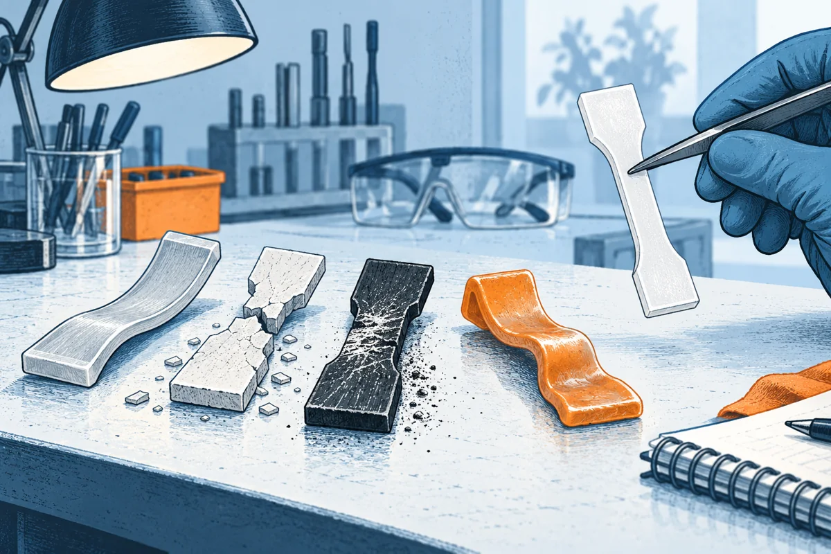 Four plastic test pieces on a lab bench show distinct bending, cracking, wear and heat deformation, while an undamaged candidate is examined with tweezers.