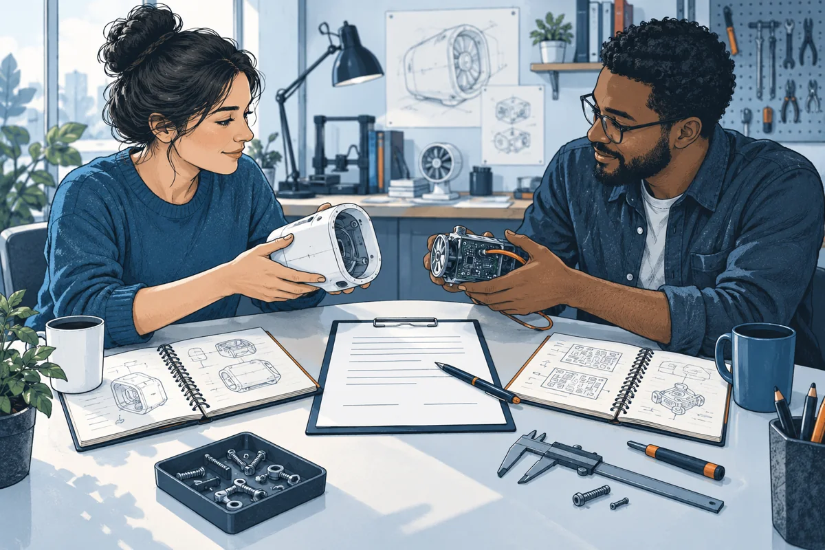 Two cofounders at a square table bring different prototype components together, with a shared unsigned agreement and separate contribution notebooks clearly between them.