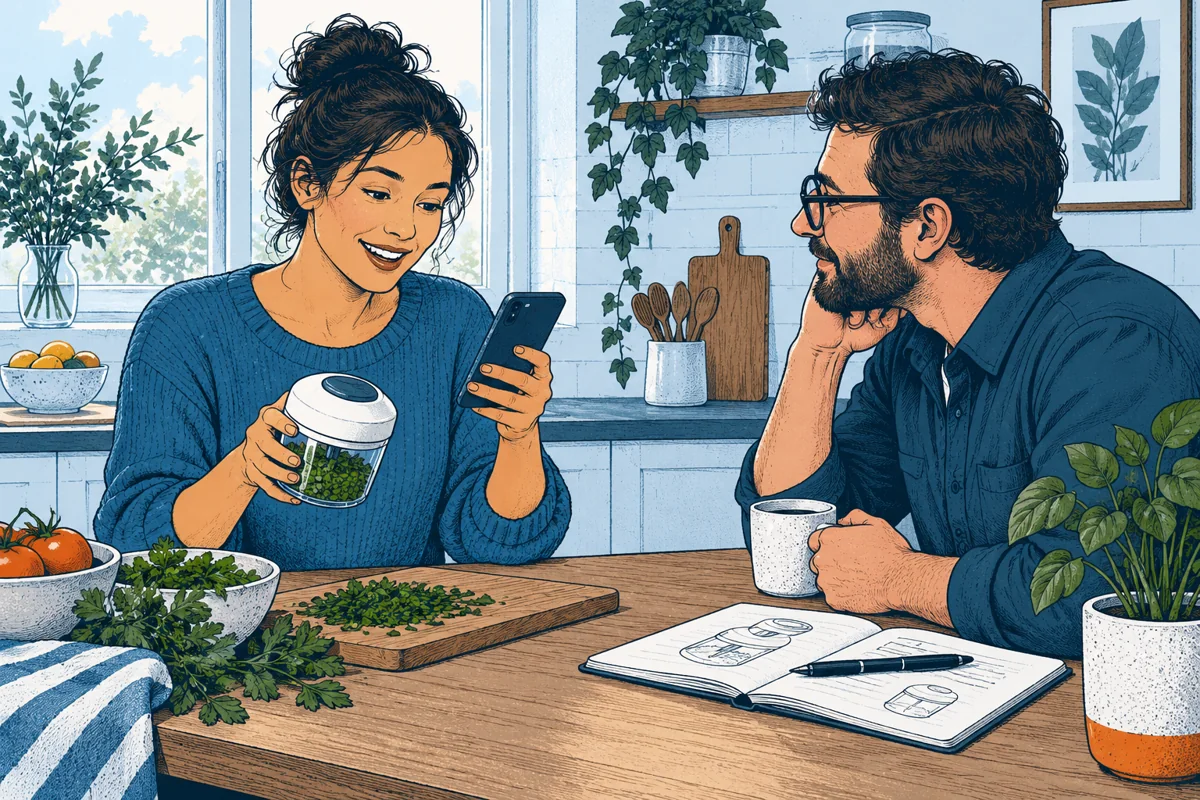 A customer using a simple kitchen tool at home gives feedback on a phone while the maker listens across a small table, no stars or fabricated review text.