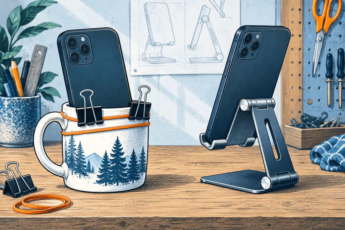 An improvised phone holder made with a mug and binder clips beside a purpose-built adjustable stand.