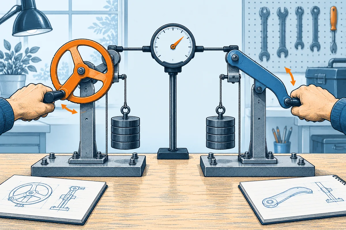 Two differently shaped hand-operated prototypes mounted side by side on identical test fixtures, equal weights and the same measuring instrument establish a fair comparison.