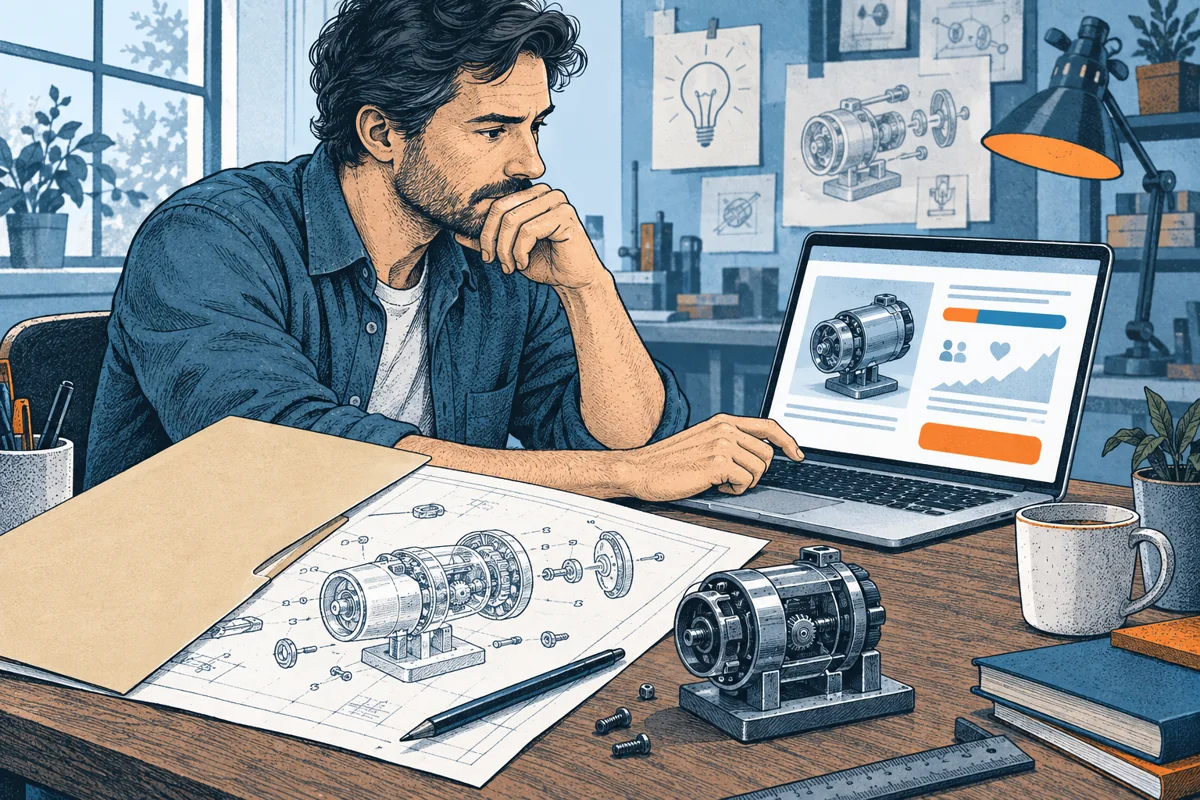 An inventor pauses before pressing a laptop campaign publish control while a detailed mechanism drawing is partly covered by a plain folder, a calendar and prototype nearby.