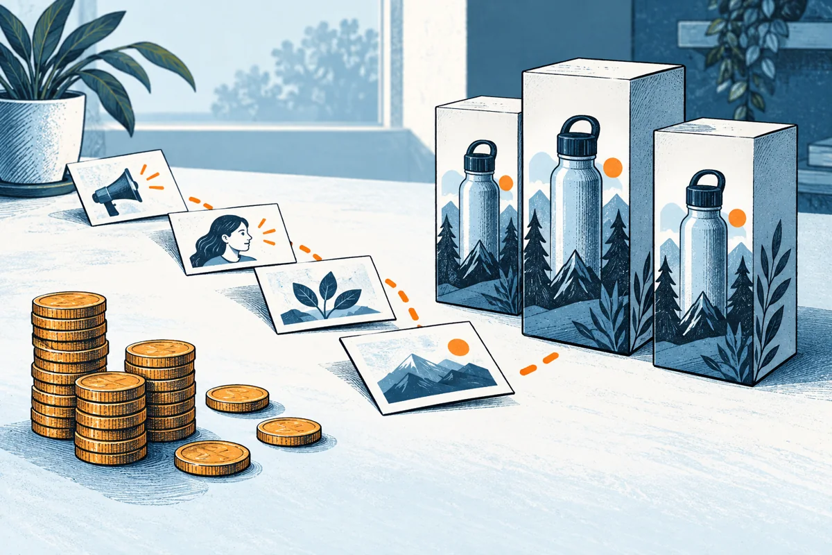 A small trail of marketing cards and coins leads toward three product packages, with the cost coins grouped separately from the packages to suggest the acquisition cost calculation.