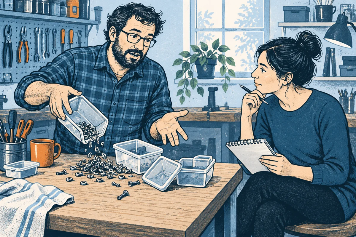 A researcher listens to a person demonstrating an awkward everyday storage problem at their own workbench; the researcher holds a notebook and keeps the proposed product out of sight.
