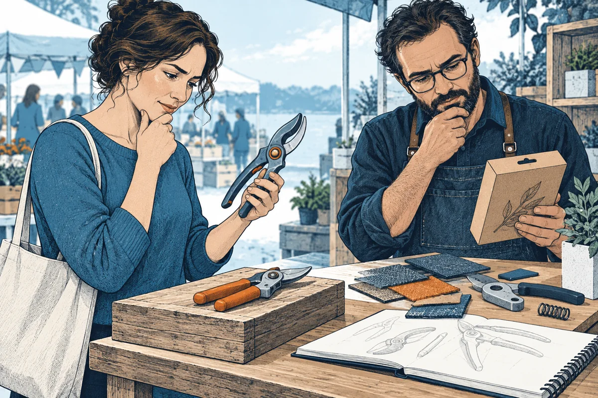 At a small market counter a shopper considers a well-made hand tool beside a cheaper workaround, while the maker examines packaging and material samples to understand the objection.