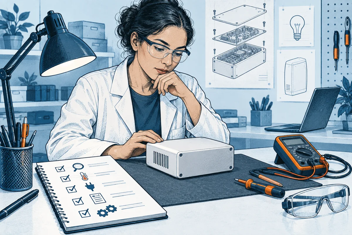 A qualified lab technician studies a safely unplugged enclosed electronic prototype alongside a test plan and insulated test instruments, no exposed live wires or invented certification mark.