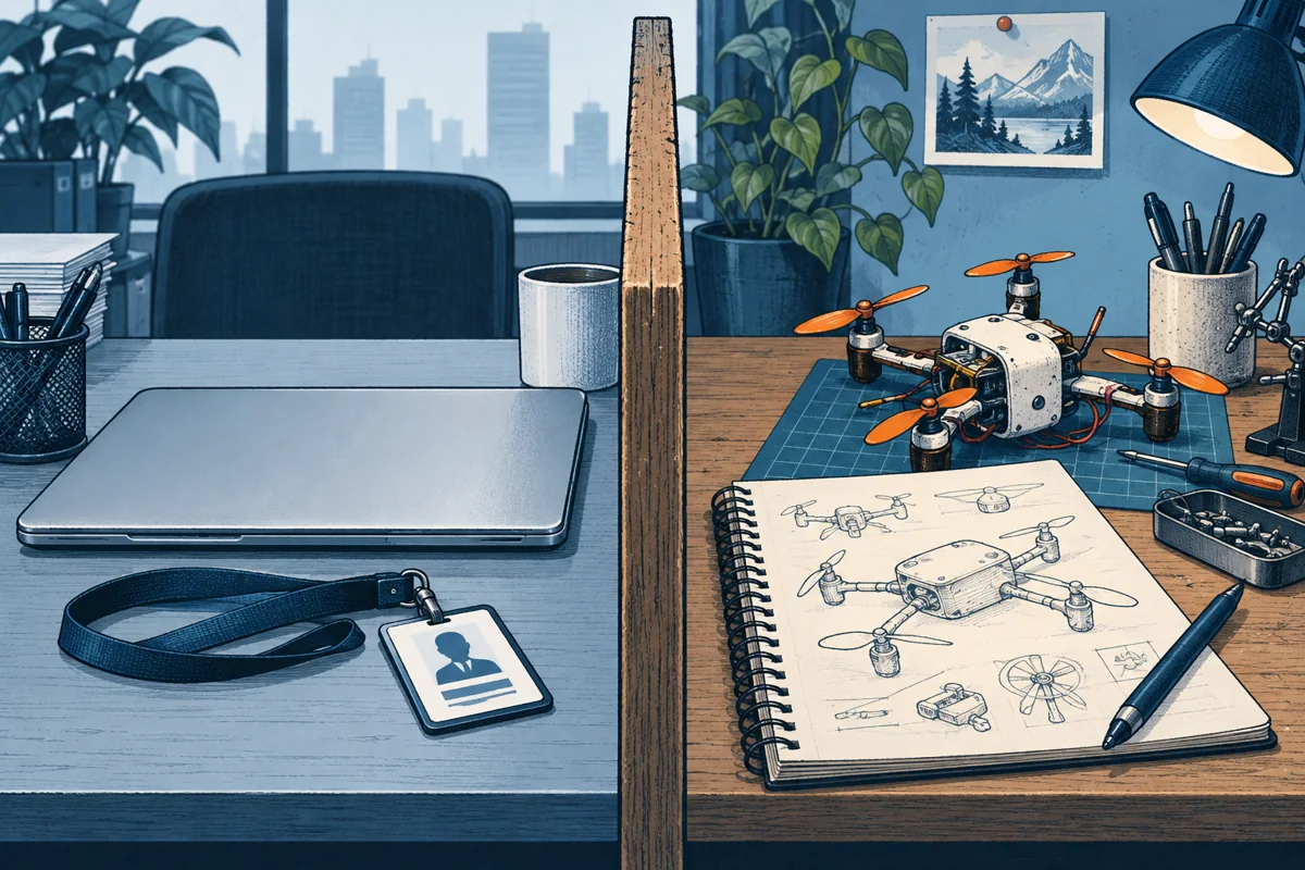 A divided desk has a closed work laptop and office badge on one side and a personal inventor notebook and homemade prototype on the other, a clear physical boundary separates the resources.