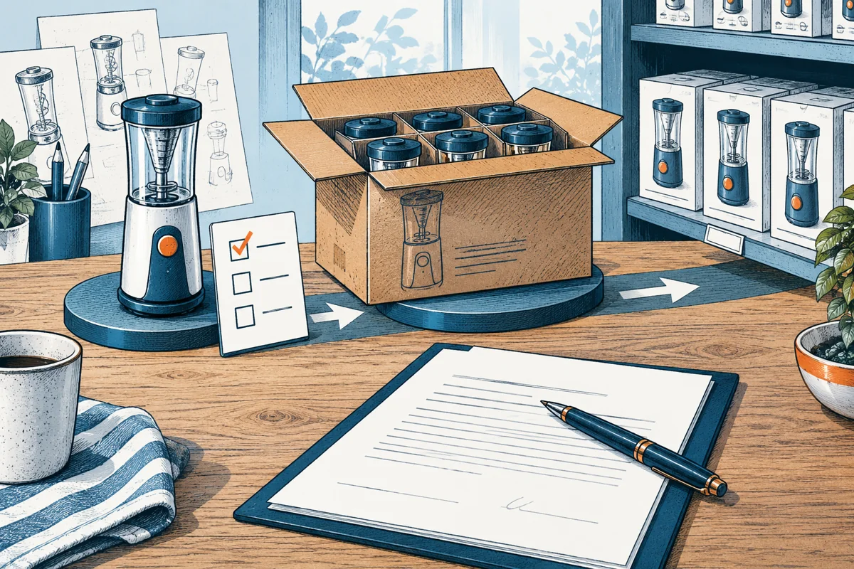 A product moves through three tangible checkpoints on a tabletop production route: sample approval, first boxed batch and store shelf, with a licensing agreement beside the route.
