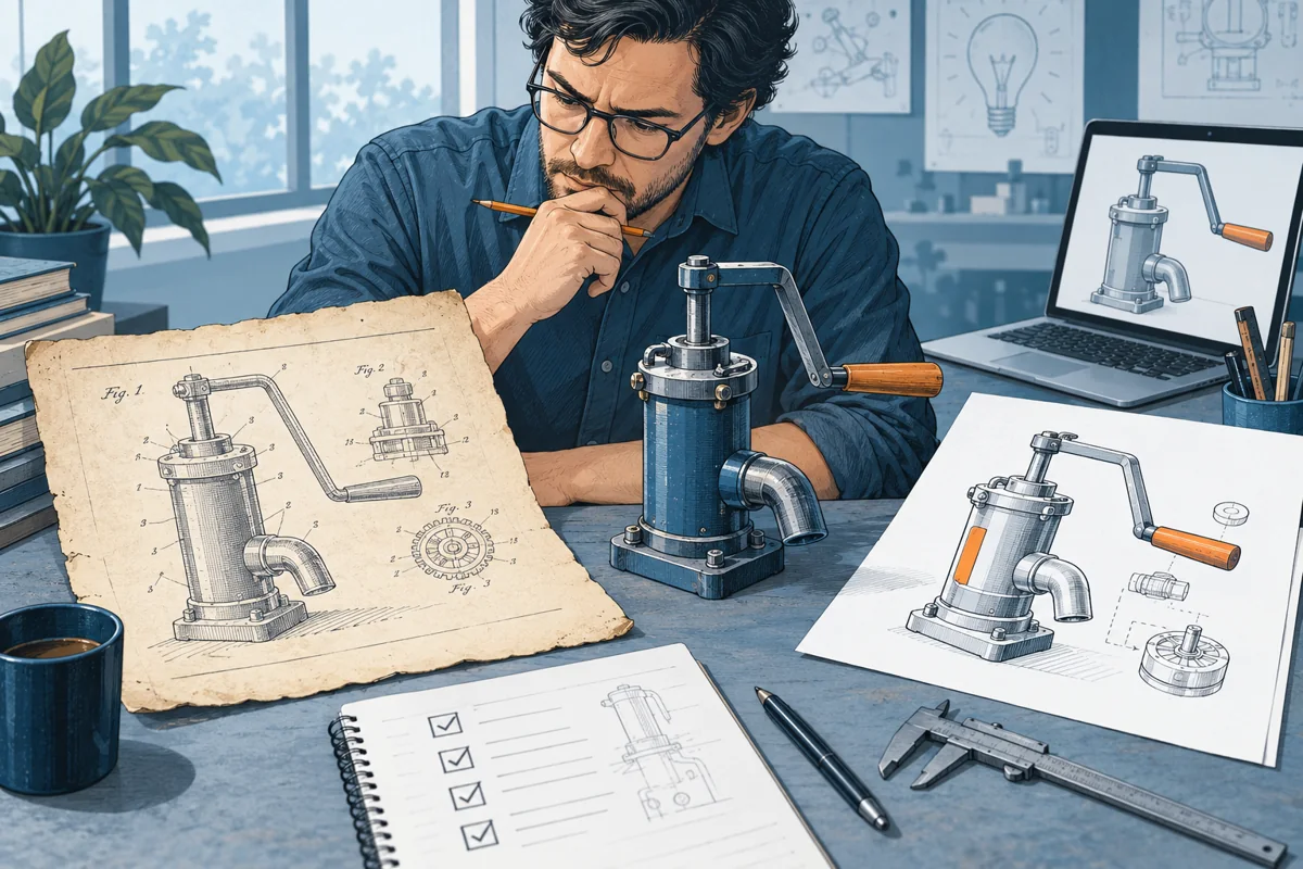 An older engineering drawing is examined beside a newer modified device and a second current document, emphasizing that an old paper alone does not settle every design question.