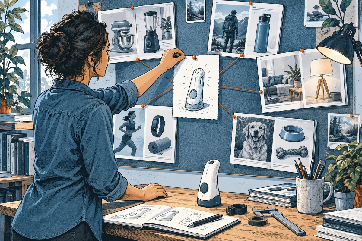 An inventor pins a small product sketch to a research board connecting several different manufacturer product catalogs, evaluating fit with a real prototype on the table.