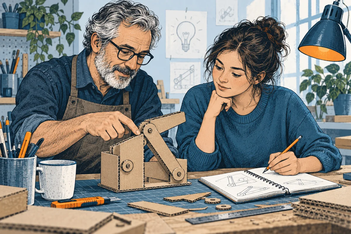 An experienced maker and a younger inventor sit at the same workbench examining a cardboard mechanism, the mentor points to a specific joint while the inventor records the insight.