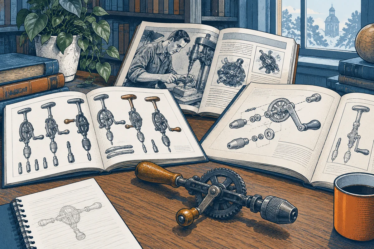 A library research still life with an old product catalog, technical magazine, equipment manual and a physical vintage tool, all open to drawings of related mechanisms.