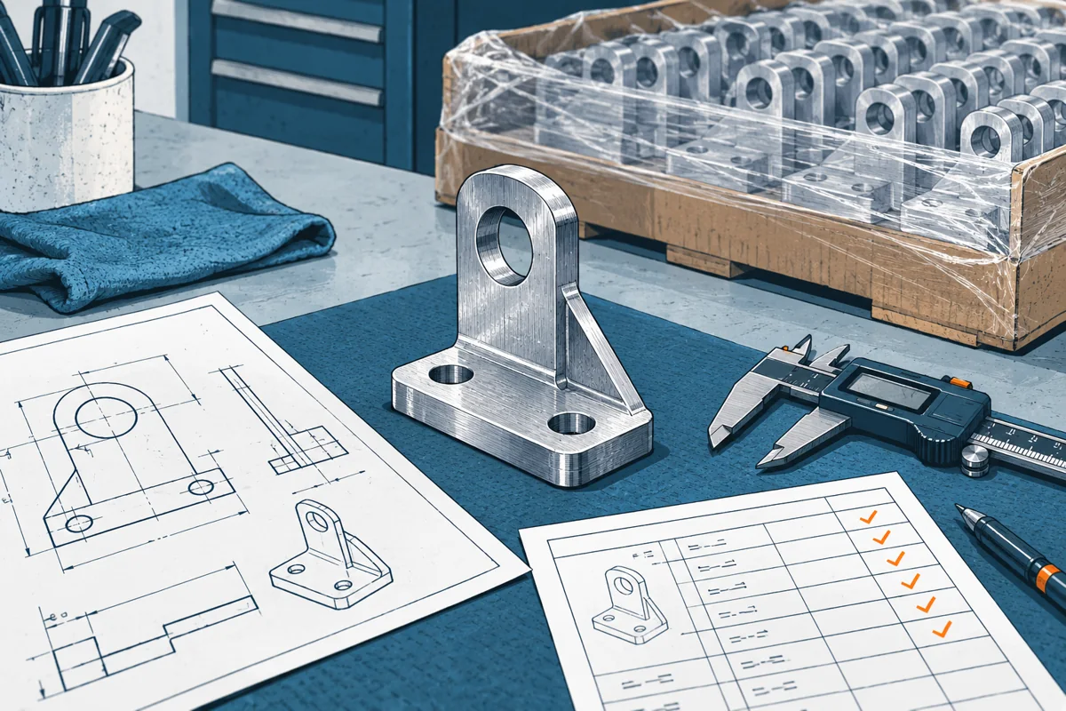 One first-production machined bracket rests on an inspection mat beside a caliper, approved drawing and measurement record, with the larger batch still sealed in the background.