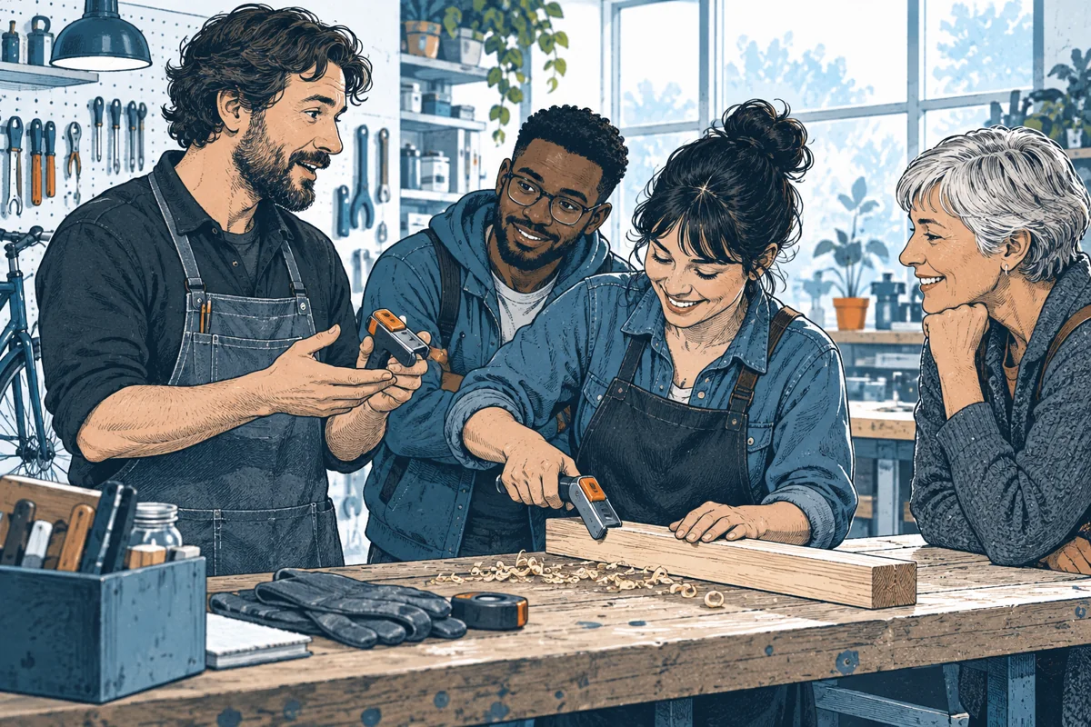 A maker demonstrates a practical small tool to a few interested users in a community workshop, one user tries it in the actual task rather than watching a sales presentation.