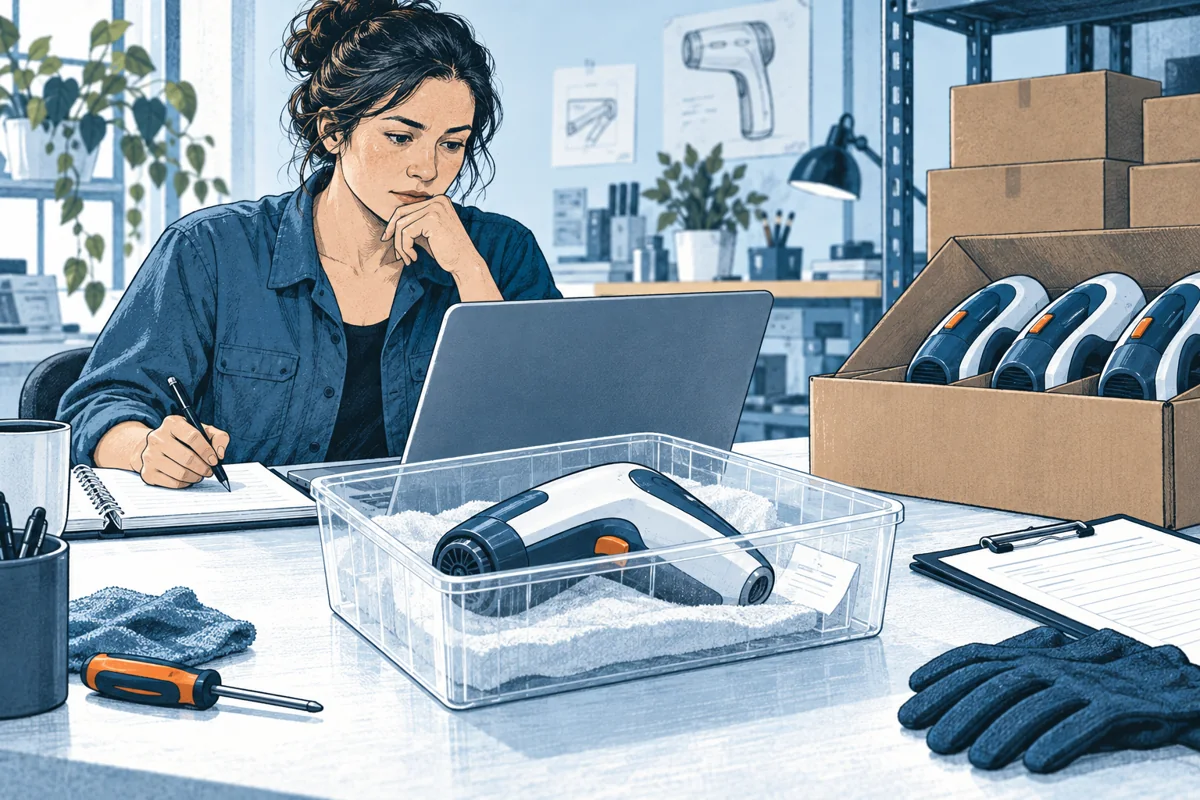 A customer-returned handheld product is isolated in a clear protective tray while a maker documents the report on a laptop and sets aside matching inventory, no accident scene.