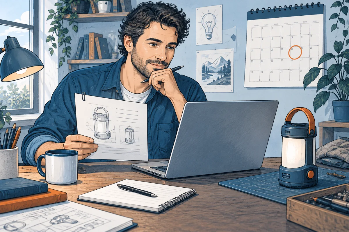 An inventor at a desk reviews a single sent proposal and a calendar, drafting a short follow-up on a laptop with the prototype waiting patiently beside it; no readable interface text.