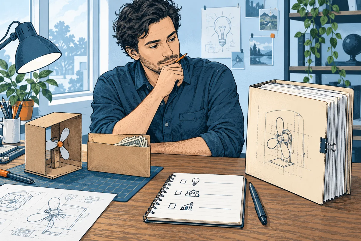 An early inventor compares a small cardboard experiment and modest budget envelope with a thick legal filing folder, planning the next affordable evidence-building step.