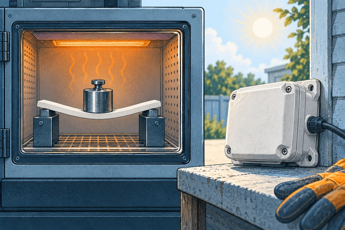 A plastic bar bends under a small weight inside a controlled temperature chamber while a separate finished plastic housing sits outside in a realistic use setting, no numerical claims.