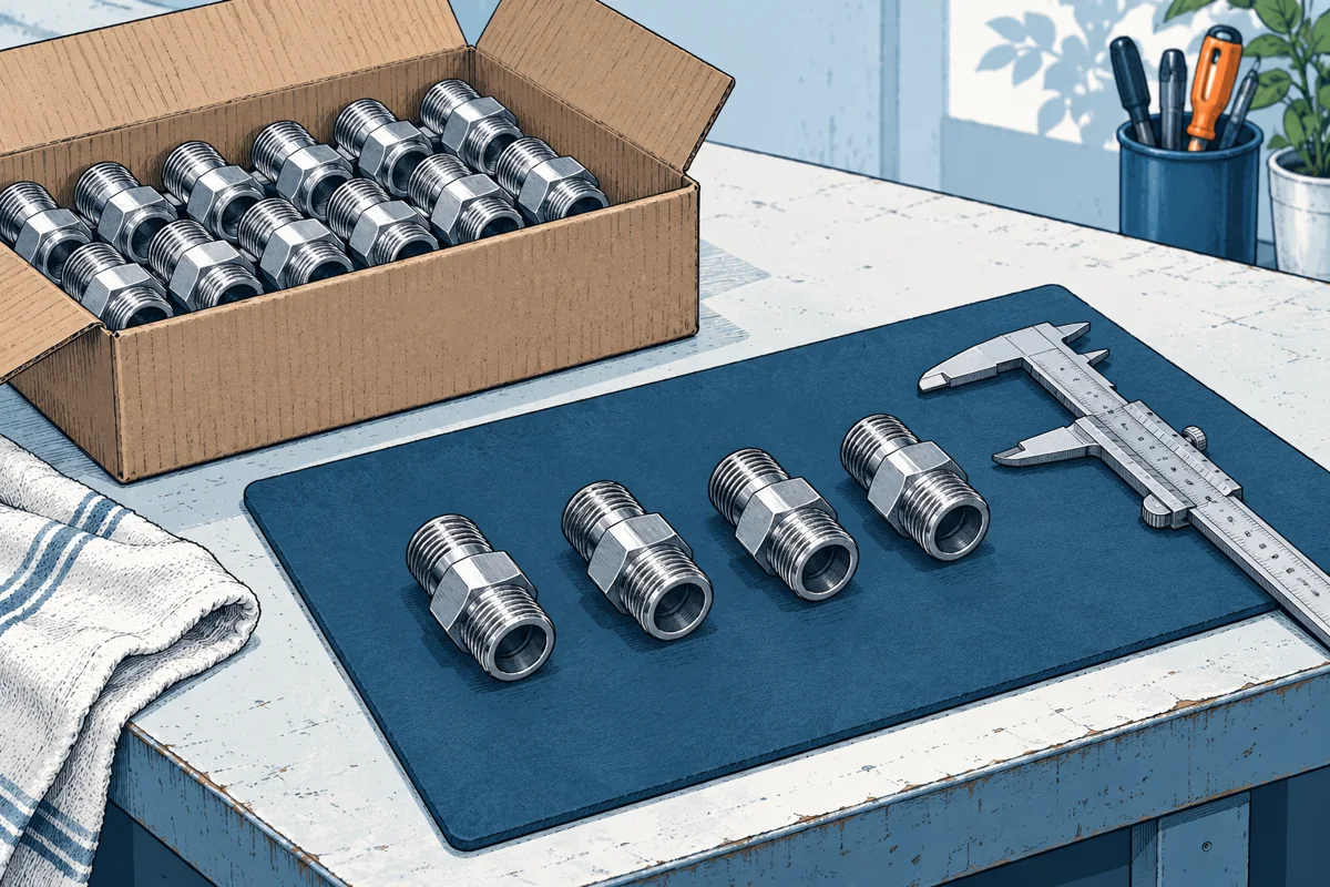 A small delivery of identical metal fittings is laid out in rows, several selected pieces on a contrasting inspection mat next to a caliper while the rest remain in the open box.