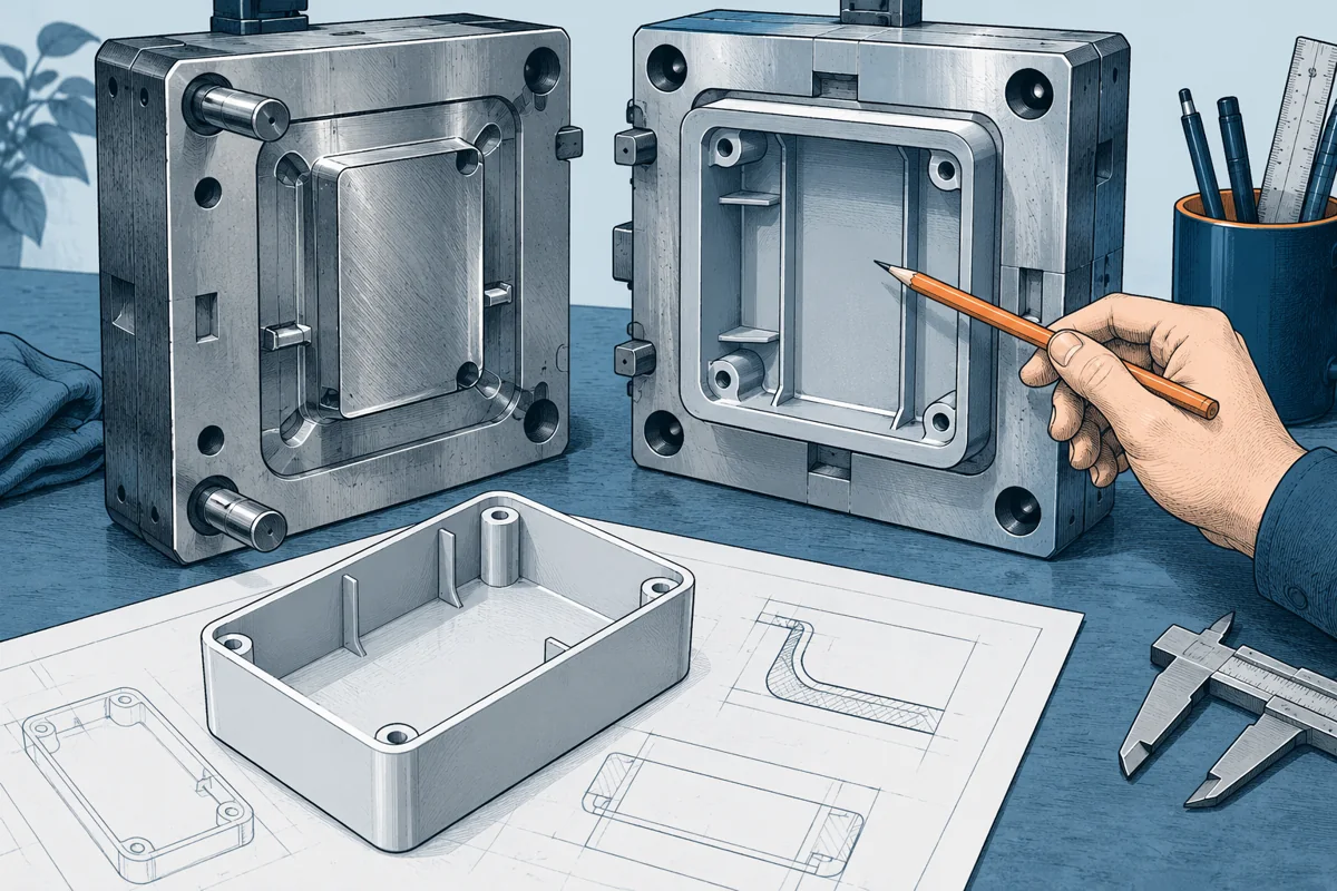 An opened steel mold reveals a simple plastic enclosure with rounded inner corners and reinforcing ribs, a designer's pencil points to the wall geometry before machining begins.