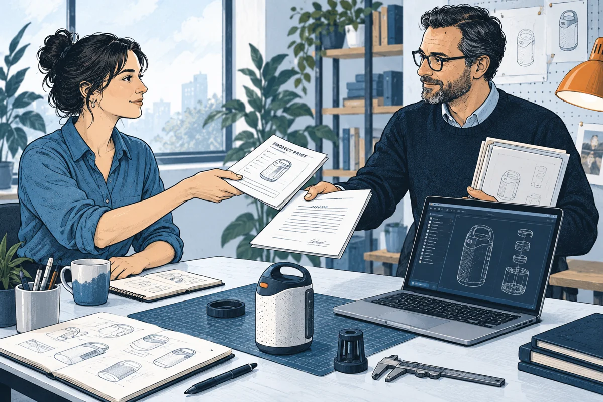 A freelance designer and inventor exchange a project brief and agreement across a desk, a prototype and source-design files visibly remain part of the handover discussion.