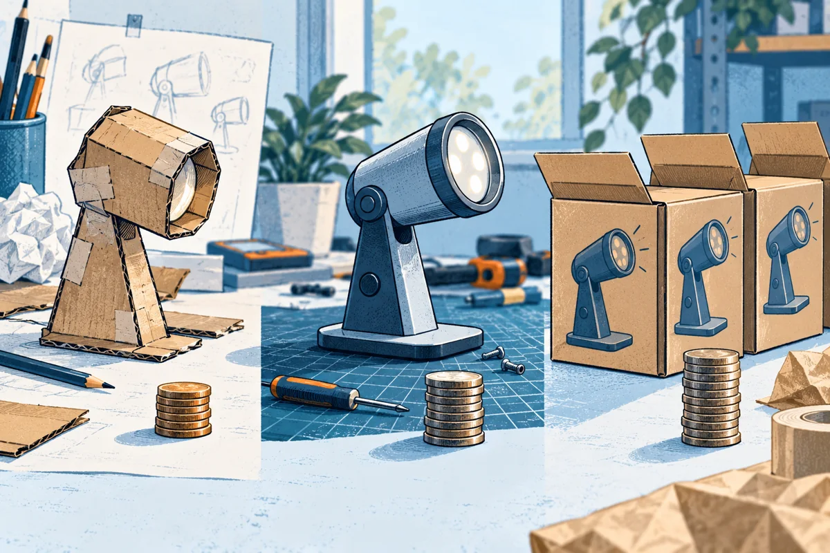 Three small project stations progress from cardboard experiment to tested prototype to pilot boxes, each paired with a separate modest coin stack rather than one huge funding pile.