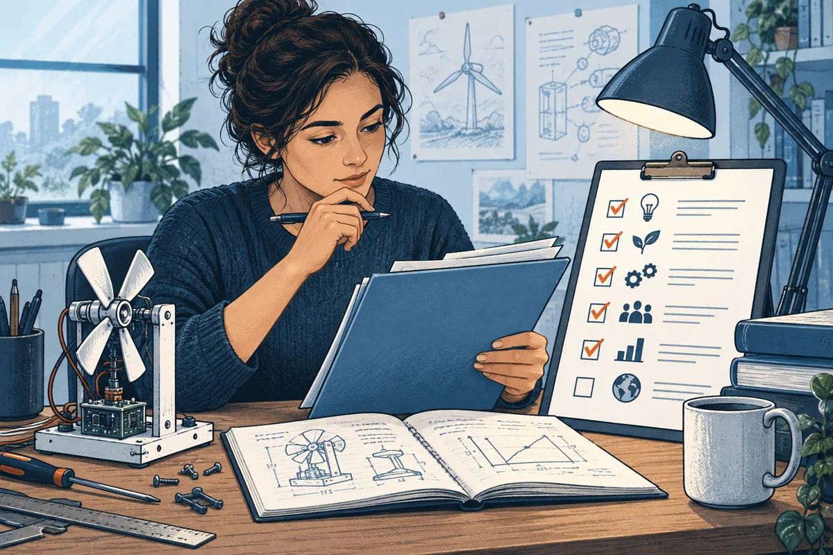 A researcher compares a project folder against a grant application checklist under a desk lamp, with an unfinished prototype and laboratory notebook demonstrating the actual project scope.