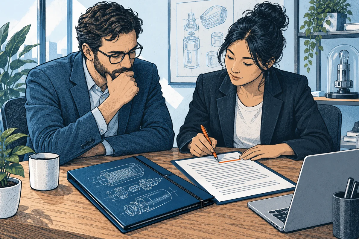 Two people review a confidentiality agreement at a desk, a closed folder containing detailed prototype drawings lies between them while a pen marks one clause without readable text.