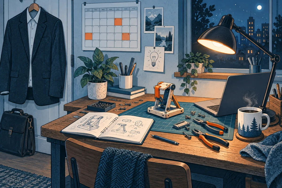 An evening home workbench beside a neatly hung office jacket, a small prototype in progress, a calendar with a few reserved blocks and a warm task lamp, no exhausted person.