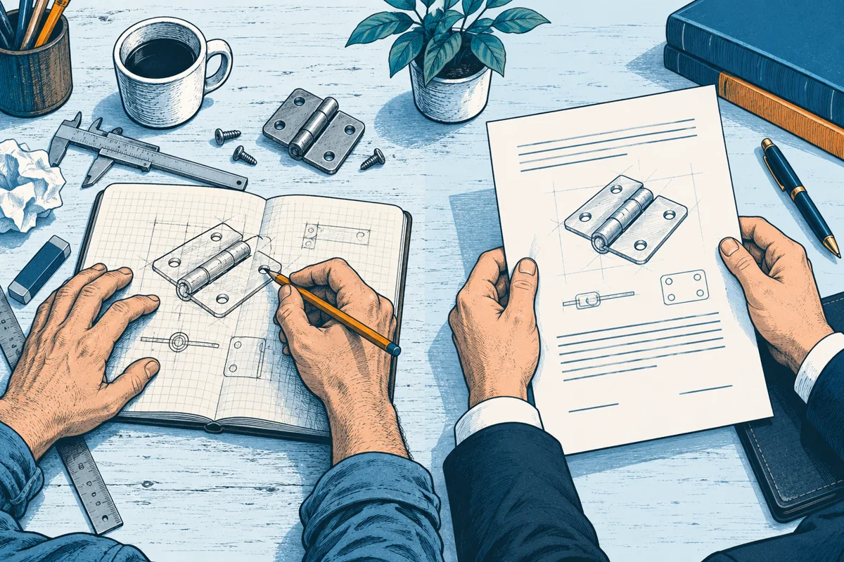 On the left maker hands sketch a small mechanical hinge in a notebook; on the right different business hands hold an assignment document showing the same hinge, one continuous desk scene.