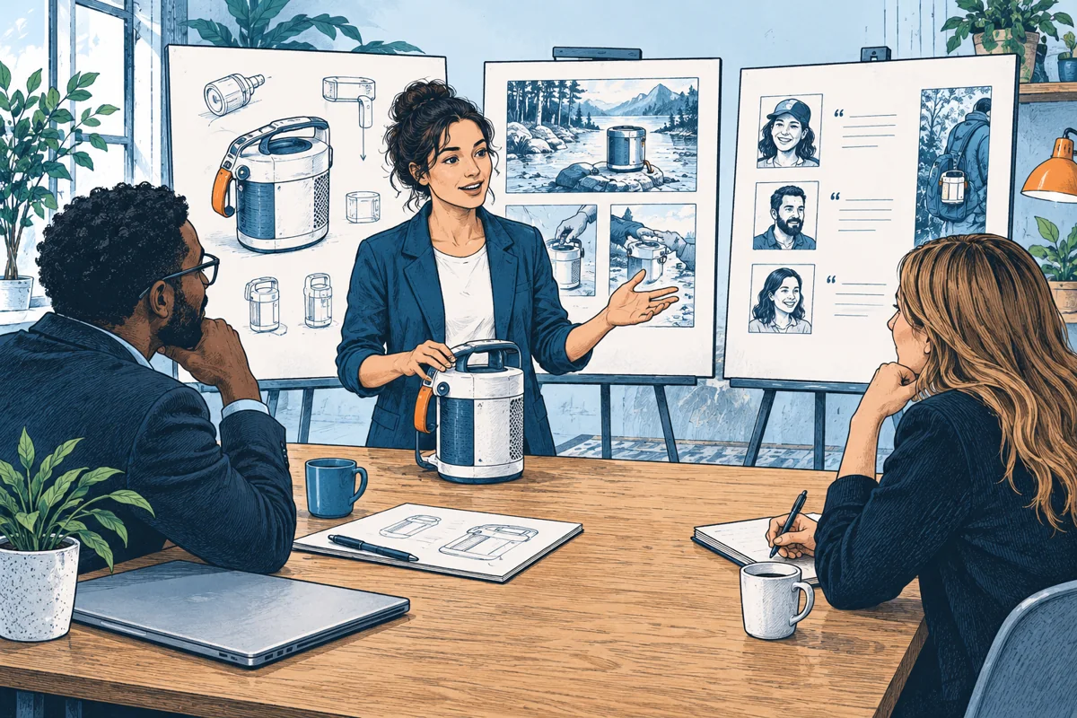An inventor presents a working prototype, interview notes and test results on three simple presentation boards to two attentive listeners, no fictional revenue graphs or numbers.