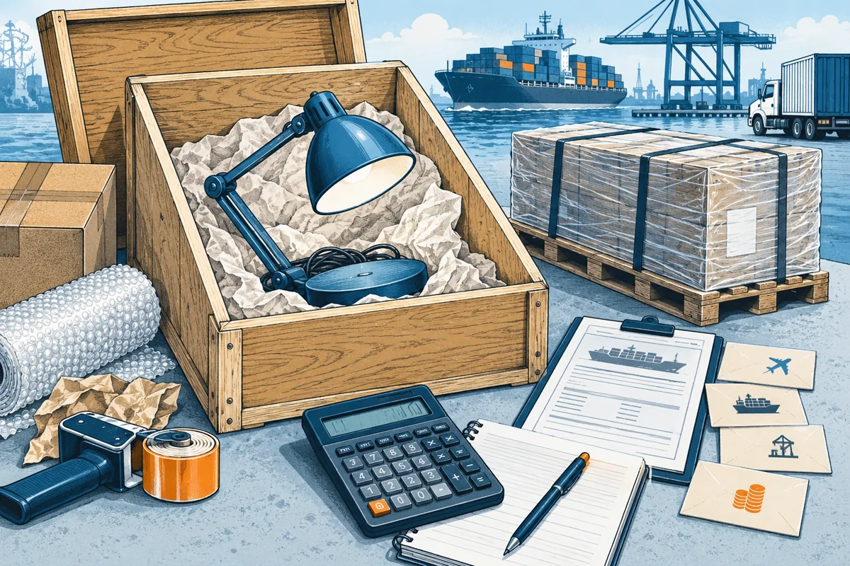 An open shipping crate holds a finished product, surrounded by separate freight pallet, packaging, customs paperwork and small fee envelopes, a calculator totals the whole journey.