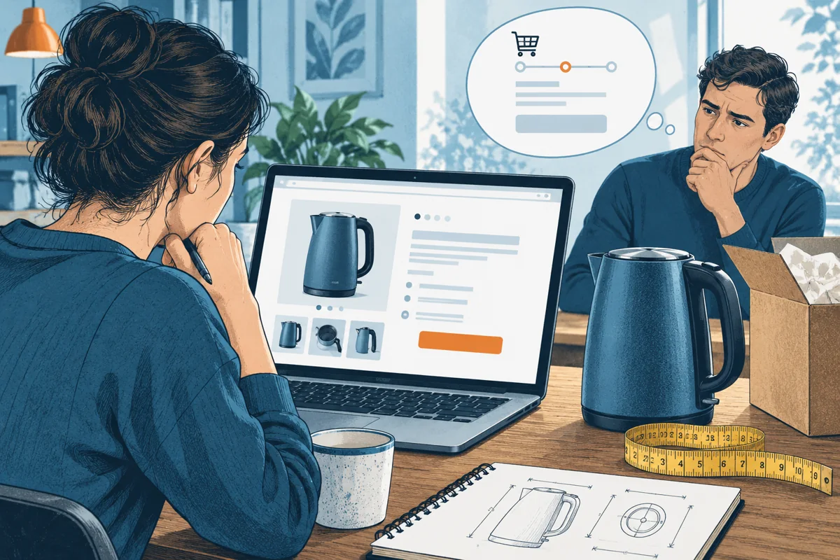 A designer examines a product webpage on a laptop while a user hesitates at a checkout step; a physical product, measuring tape and delivery box expose missing practical purchase information.