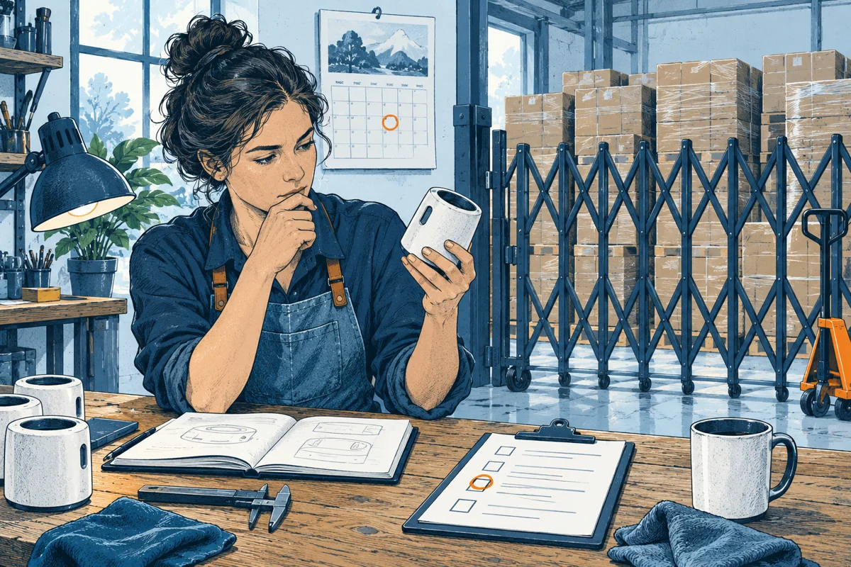 A packed product batch waits behind a simple movable workshop gate while the maker examines one unresolved inspection item, a calendar nearby and a deliberate pause in activity.