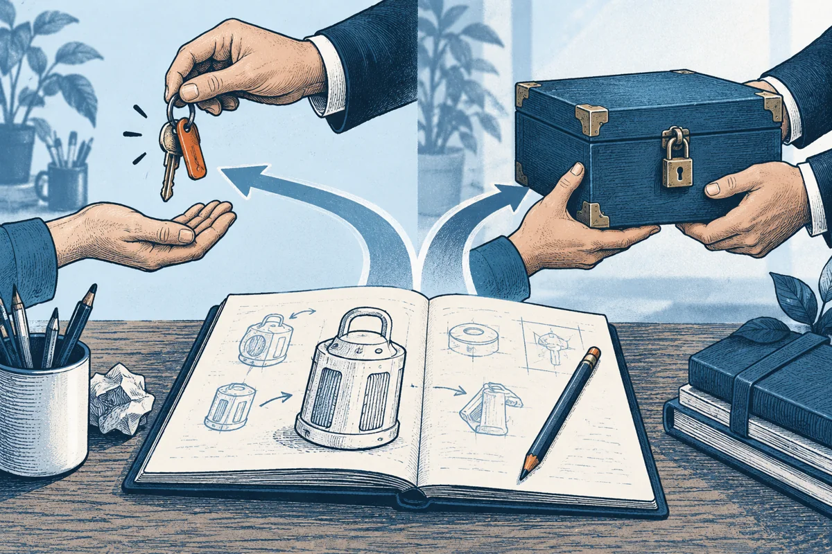 A drawing folio branches conceptually into a temporary key handover on one side and the complete transfer of the whole locked document box on the other, distinct ownership choices.