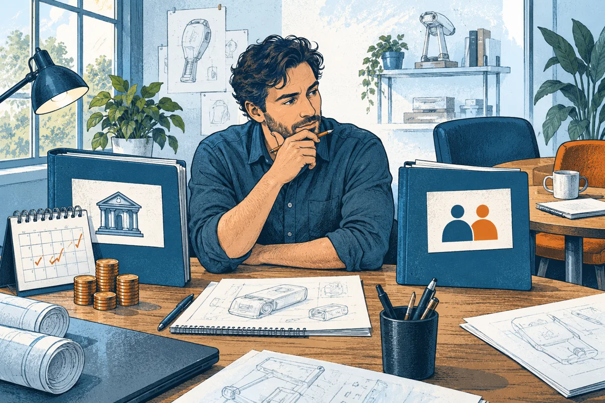 An inventor considers two funding folders: one beside a repayment calendar and coin stack, the other beside a table with an additional partner chair, no invented percentages.