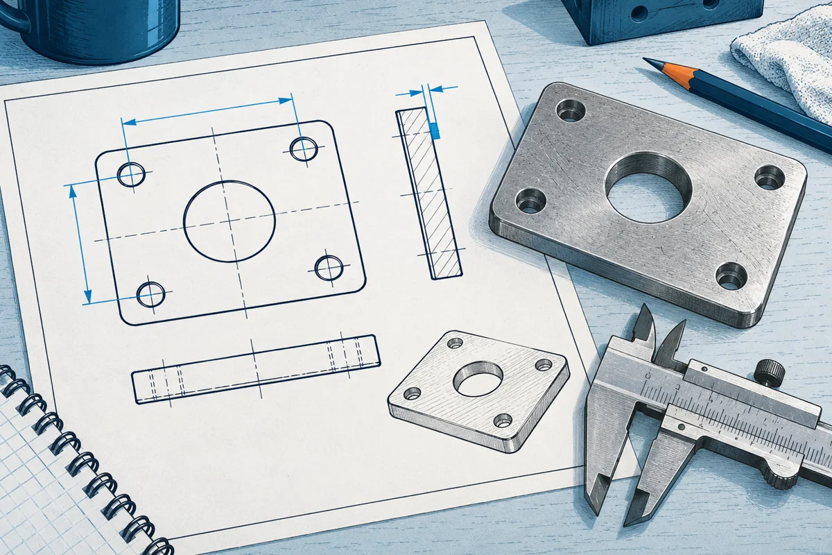 Close-up engineering drawing of a mounting plate with the hole spacing and mating edge highlighted in blue, the physical part and caliper aligned beside it, no precise numeric measurements.